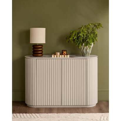 Austin Natural Ceramic Top Compact Small Sideboard | Fluted Cream Frame Base | 2 Push-To-Open Doors | Adjustable Shelves | Fully Assembled | Danetti