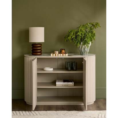 Austin Natural Ceramic Top Compact Small Sideboard | Fluted Cream Frame Base | 2 Push-To-Open Doors | Adjustable Shelves | Fully Assembled | Danetti