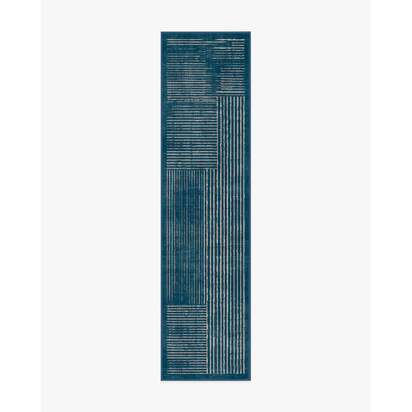 Linear Oasis Blue Flatwoven Rug - 75 x 305 cm - Rug + Pad System
