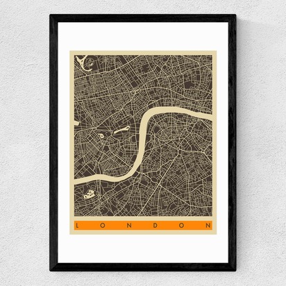 London Map b/w by Jazzberry Blue A2 (42 x 59.4cm) Frame Black Medium (22mm) 
