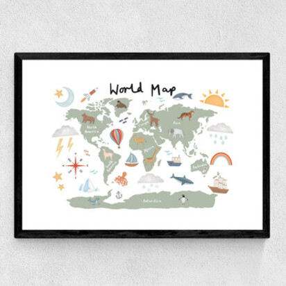 World Map in green 50x70cm Frame Natural Oak Narrow (15mm) 