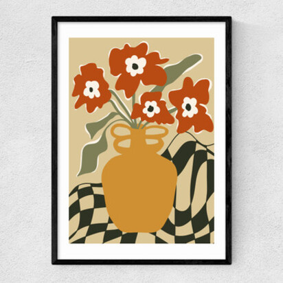 Retro Checkered Flower Pot A1 (59.4 x 84.1cm) Frame Natural Oak Narrow (15mm) 