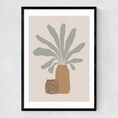 Two Brown Vases And Green Plant A3 (29.7 x 42cm) Frame Black Narrow (15mm) 