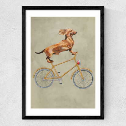 Dachshund On Bicycle A3 (29.7 x 42cm) Frame Natural Oak Medium (22mm) 
