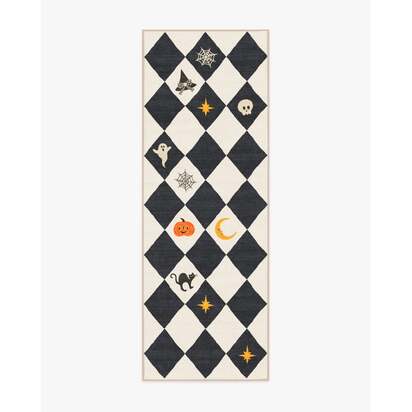 Halloween Harlequin Ivory & Charcoal Flatwoven Rug - 75 x 215 cm - Rug + Cushioned Pad System