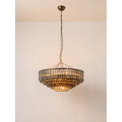Petalia - 9 light aged brass and smoked green glass tube wide chandelier