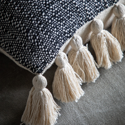 Studio Woven Cushion with Tassels Black Poly Filled