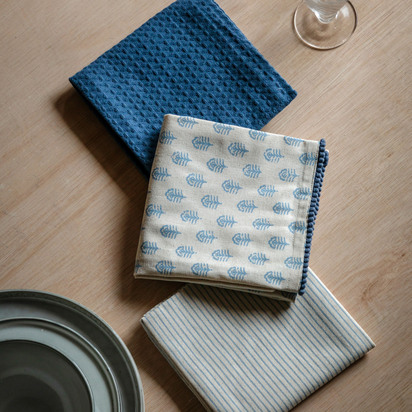 Brookwell Floral Stamp Tea Towel Blue 3pk
