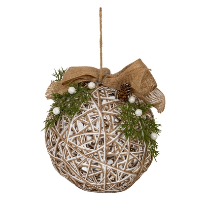 Large LED White Rattan Bauble With  Branches And Ribbon