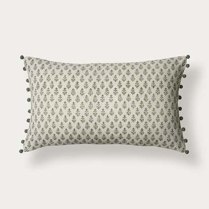 Leaf Block Print Cushion With Pom Poms - Olive - Home Accessories - The Cotswold Company