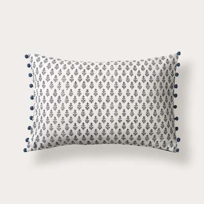Leaf Block Print Cushion With Pom Poms - Indigo - Home Accessories - The Cotswold Company