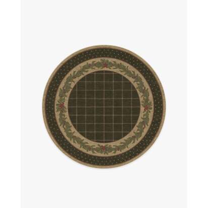 Pine Border Dark Olive Flatwoven Rug - 185 Round cm - Rug + Pad System