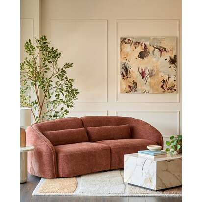 Zoey Contemporary 3 Seater Sofa | Apricot Chenille Fabric With Curved Round Back And Removable Lumbar Support Cushions | Danetti