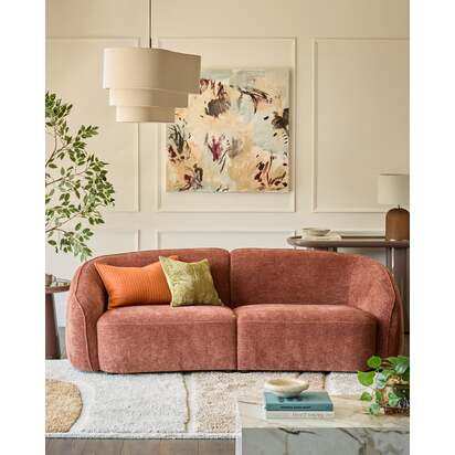 Zoey Contemporary 3 Seater Sofa | Apricot Chenille Fabric With Curved Round Back And Removable Lumbar Support Cushions | Danetti
