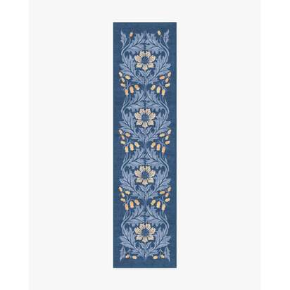 Woodbell & Anemone Navy Flatwoven Rug by Morris & Co. - 75 x 305 cm - Rug + Pad System