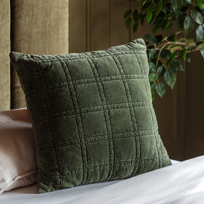 Marlborough Cotton Velvet Quilted Cushion Olive Poly Filled