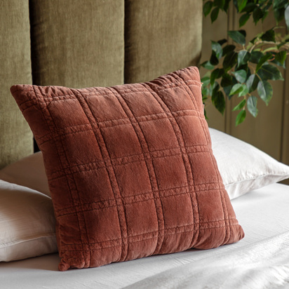 Marlborough Cotton Velvet Quilted Cushion Rust Poly Filled