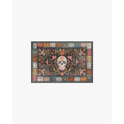 Floral Sugar Skulls Multicolour Flatwoven Rug - 60 x 90 cm - Rug + Pad System