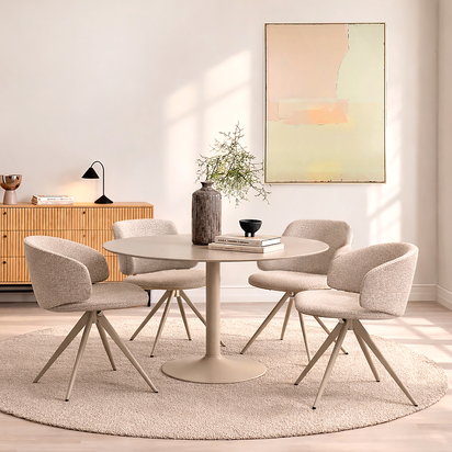 Ibiza Round Beige Dining Table with 4 Ella Swivel Cream Dining Chair