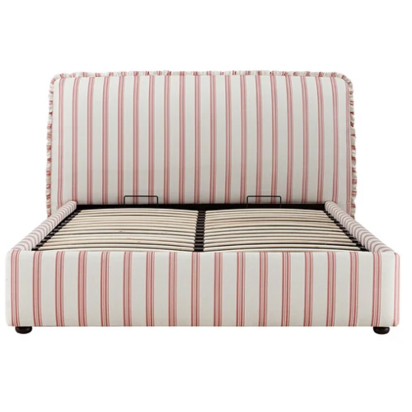 Celeste Upholstered Storage Bed with Ruffled Headboard, Peony Red Stripe
