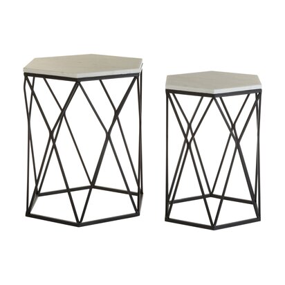 Evealey Marble and Black Metal Set Of Two Hexagonal Side Tables