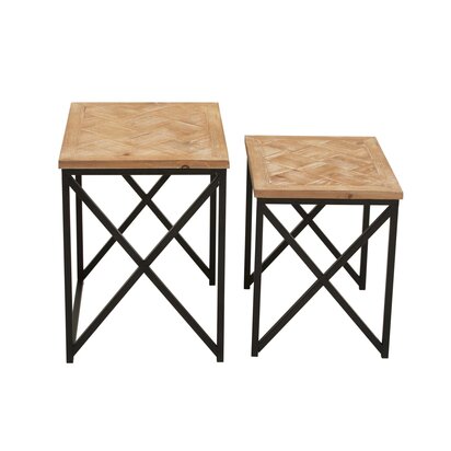 Kickford Parquet Fir Wood Set Of Two Nesting Tables