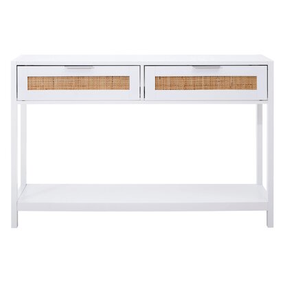 Sherman White Wood and Rattan Two Drawer Console Table