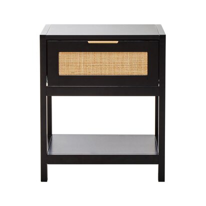 Sherman Black Wood and Natural Rattan One Drawer Bedside Table