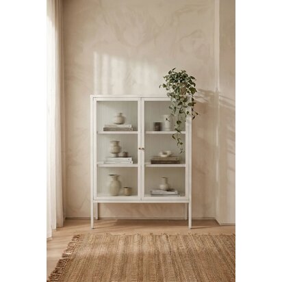 Unacott Warm White Metal and Fluted Glass Door Cabinet