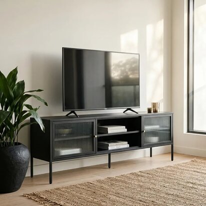 Unacott Black Metal and Fluted Glass Door Media Unit