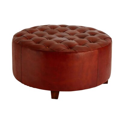 Penowod Round Button Tufted Antique Brown Leather Large Stool