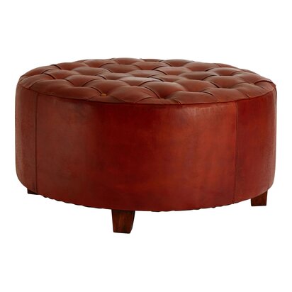 Penowod Round Button Tufted Antique Brown Leather Large Stool