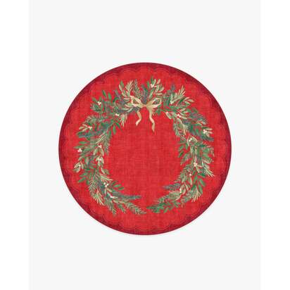 Holiday Wreath Red Flatwoven Rug by The Hiltons - 185 Round cm - Rug + Pad System
