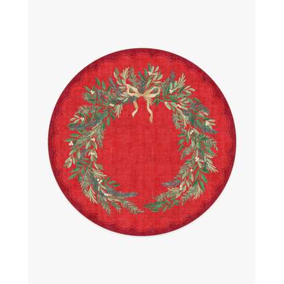 Holiday Wreath Red Flatwoven Rug by The Hiltons - 245 Round cm - Rug + Pad System