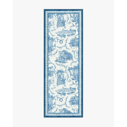 Home Sweet Home Toile Ivory & Navy Flatwoven Rug by The Hiltons - 75 x 215 cm - Rug + Cushioned Pad System