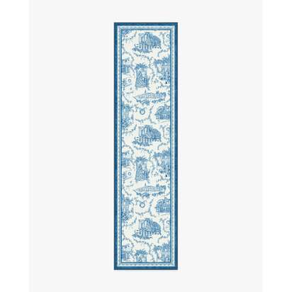 Home Sweet Home Toile Ivory & Navy Flatwoven Rug by The Hiltons - 75 x 305 cm - Rug + Cushioned Pad System