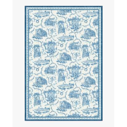 Home Sweet Home Toile Ivory & Navy Flatwoven Rug by The Hiltons - 185 x 275 cm - Rug + Cushioned Pad System