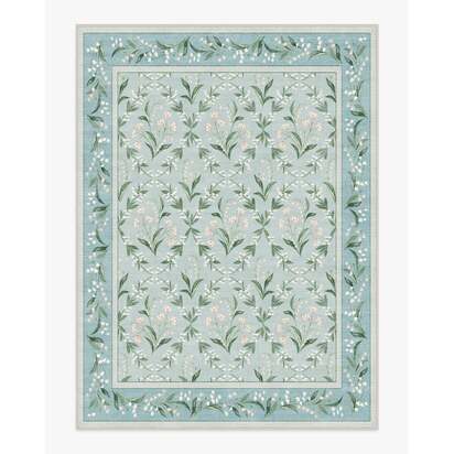 Winter Lily Of The Valley Blue Flatwoven Rug by The Hiltons - 275 x 365 cm - Rug + Cushioned Pad System