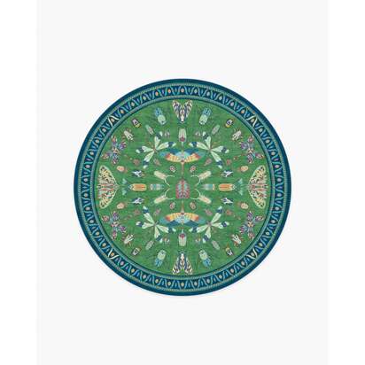 Flutterby Green & Sapphire Flatwoven Rug by Iris Apfel - 185 Round cm - Rug + Pad System