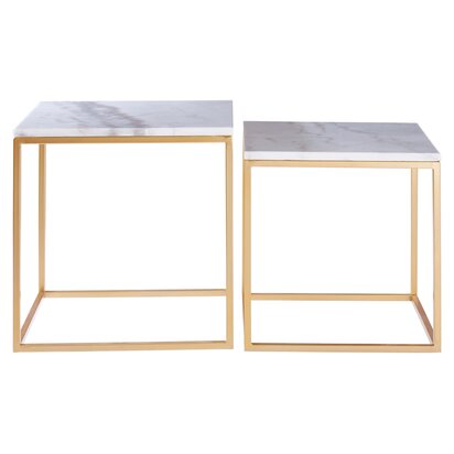 Delirose Set Of 2 Square Marble and Gold Nesting Tables