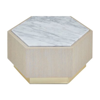 Talinwick White Marble and Wooden Hexagon Small Side Table