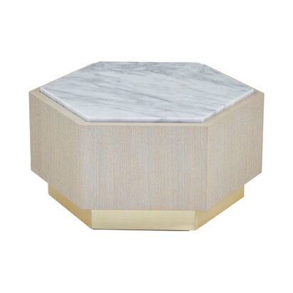 Talinwick White Marble and Wooden Hexagon Small Side Table
