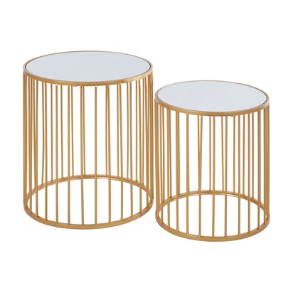 Delirose Gold and Mirror Top Set of 2 Round Side Tables
