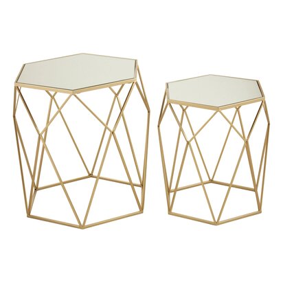 Delirose Set Of 2 Hexagonal Mirrored Top Side Tables