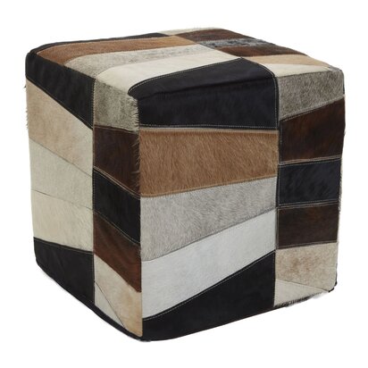 Cleonwell Hair on Leather Pouffe in Geometric Patchwork Design