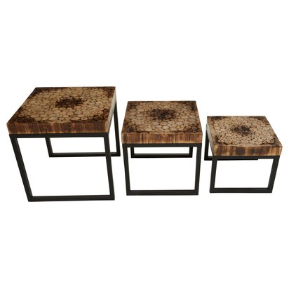 Harowwell Mosaic Teak Wood Set Of 3 Nesting Tables