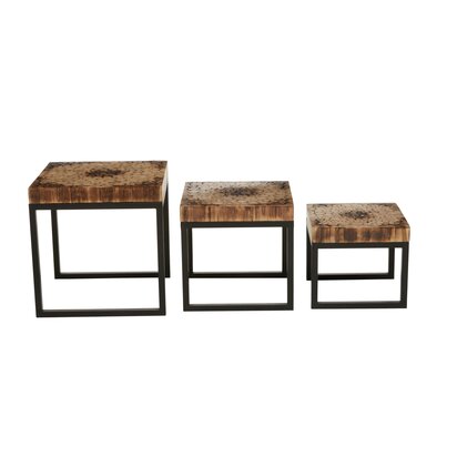 Harowwell Mosaic Teak Wood Set Of 3 Nesting Tables