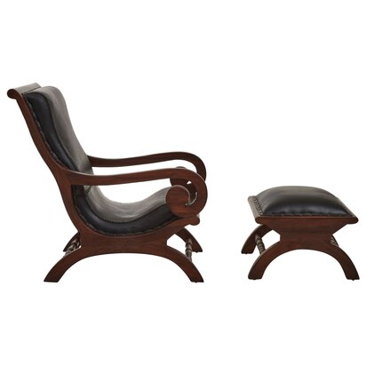 Penowod Genuine Black Leather and Teak Lounge Chair with Footstool