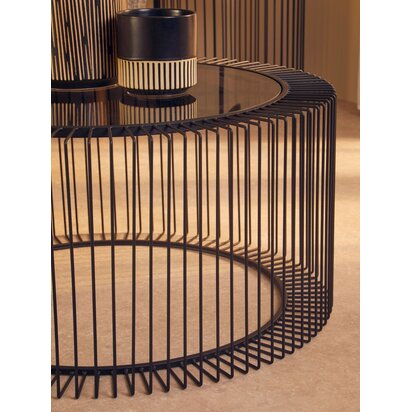 Glenoana Black Metal Round Coffee Table with Glass Top