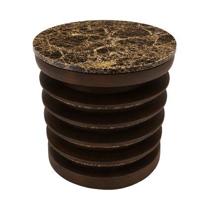 Calorora Round Brown Marble and Mango Wood Carved Side Table